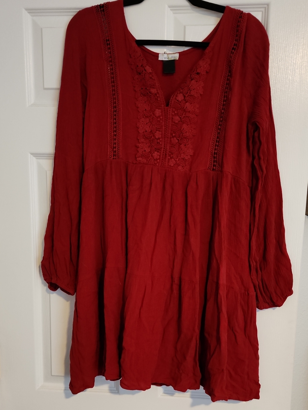 Women's Long Sleeve Red Embroidered Tunic Dress